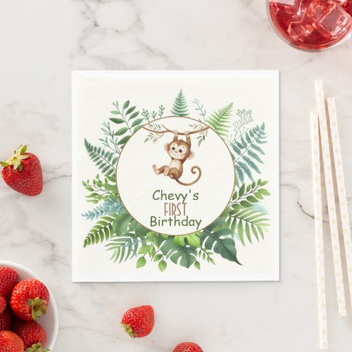 Jungle Monkey Hanging On Branch First Birthday  Napkins