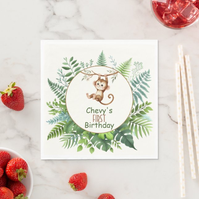 Jungle Monkey Hanging On Branch First Birthday  Napkins (Insitu)