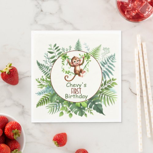 Jungle Monkey Hanging On Branch First Birthday  Napkins