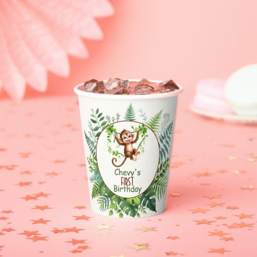 Jungle Monkey Hanging On Branch First Birthday  Paper Cups