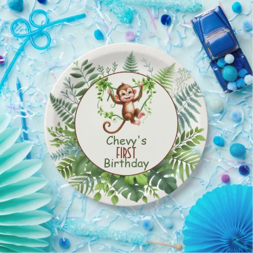 Jungle Monkey Hanging On Branch First Birthday  Paper Plates