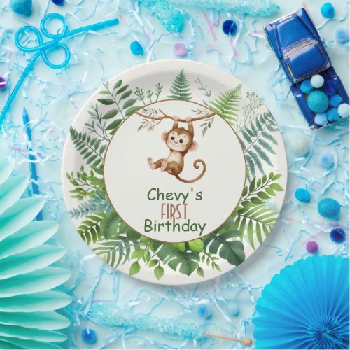 Jungle Monkey Hanging On Branch First Birthday  Paper Plates