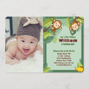 Jungle Monkey Safari Animal Boy Birthday Photo Invitation