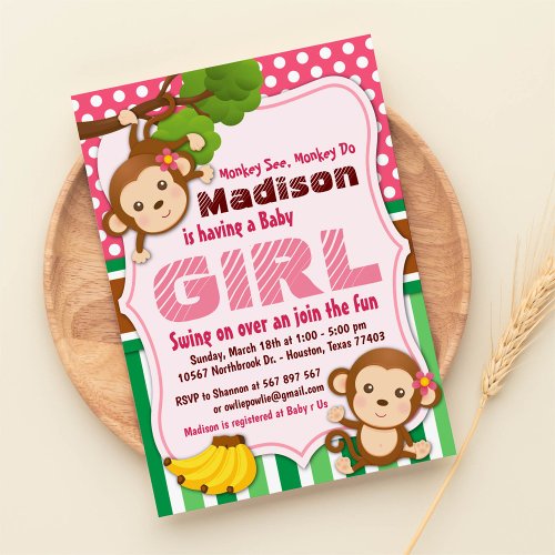 Jungle Monkey Safari Animal Girl Baby Shower Invitation