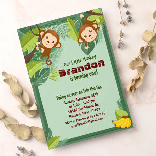 Jungle Monkey Safari Animal Kids Birthday Invitation