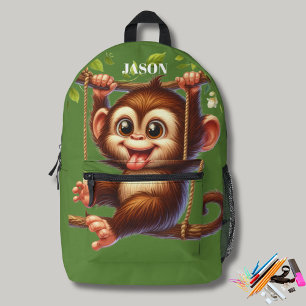 Jungle Monkey Swinging on Tree Monogram Kids Green Printed Backpack