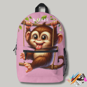 Jungle Monkey Swinging on Tree Monogram Kids Pink Printed Backpack