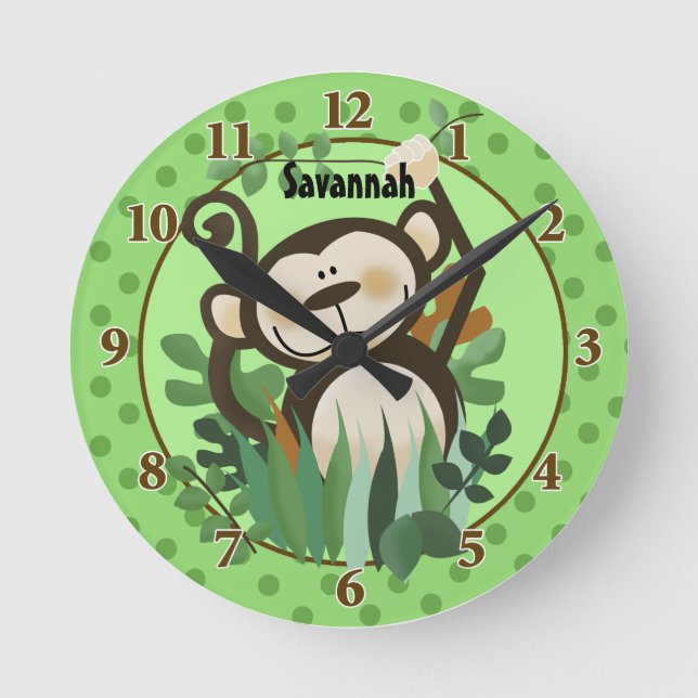 Jungle Monkey Wall Clock (Green) Add a Name (Front)