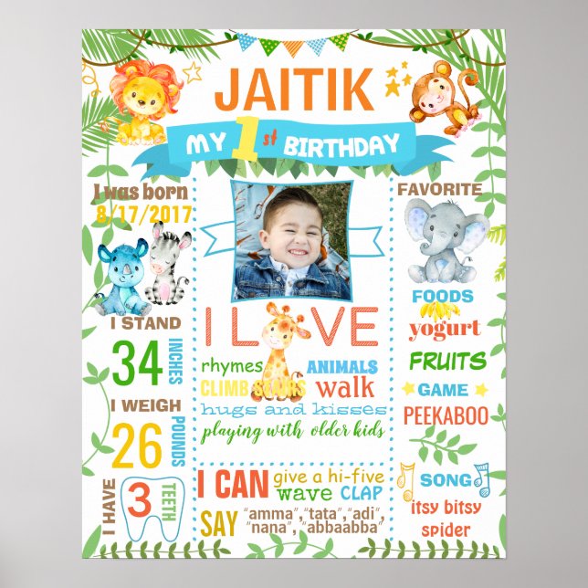 Jungle Monkey Zoo First Birthday chalkboard sign (Front)