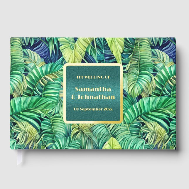Jungle monstera leaf watercolor pattern real foil guest book  (Front)