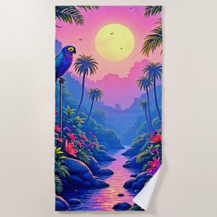 Jungle Moon Blue Parrot Paradise Beach Towel