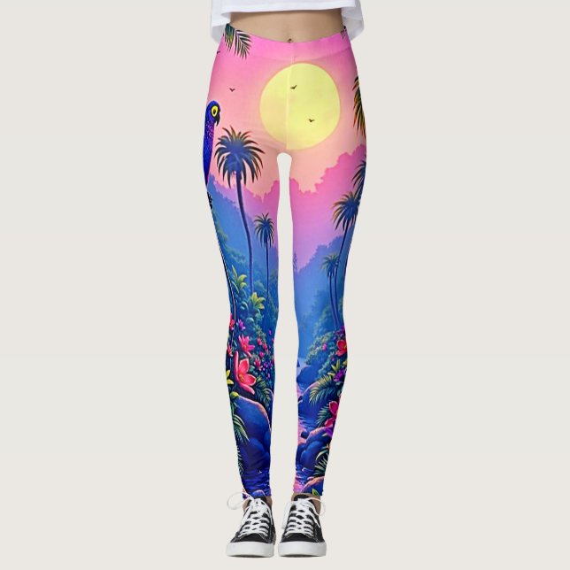 Jungle Moon Blue Parrot Paradise Leggings (Front)