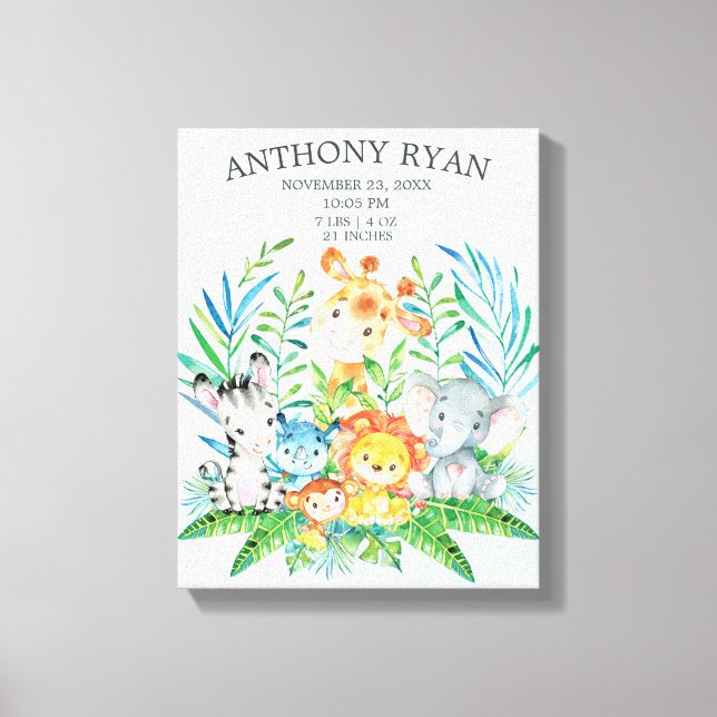 Jungle New Baby Keepsake Birth Stats Canvas Print (Front)