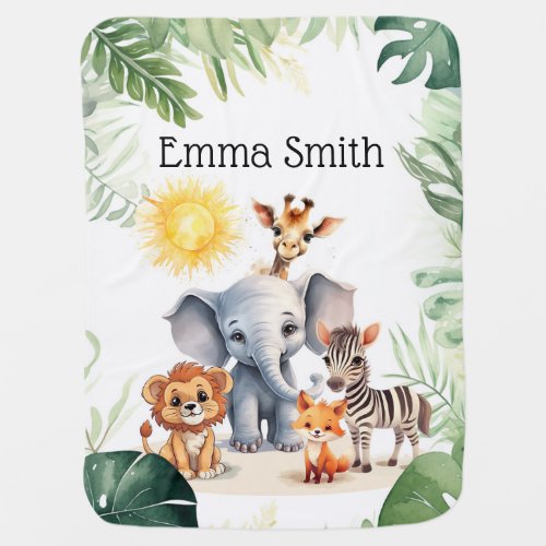 Jungle nursery cute safari animals with baby name  baby blanket