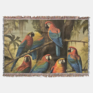 Jungle Oasis Macaw Colony Verdant Foliage Throw Blanket