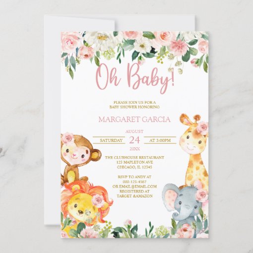 Jungle Oh Baby Girl Safari Animals Baby Shower Inv Invitation | Zazzle