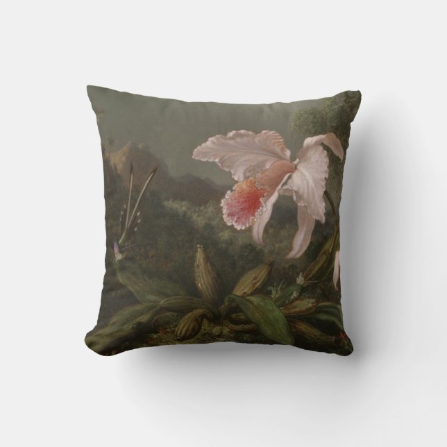 Jungle Orchids and Hummingbirds Throw Pillow (Front)