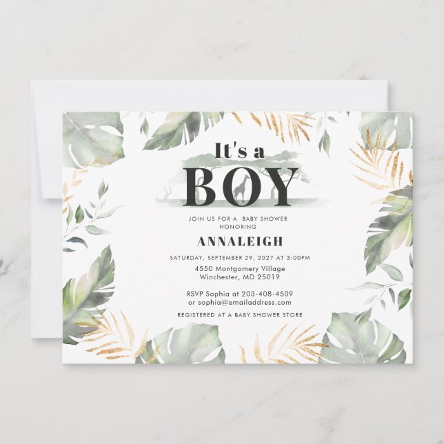 Jungle Palm Leaves Boy Baby Shower Invitation (Front)