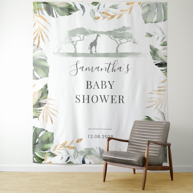 Jungle Palm Leaves Giraffe Baby Shower Backdrop (In Situ)