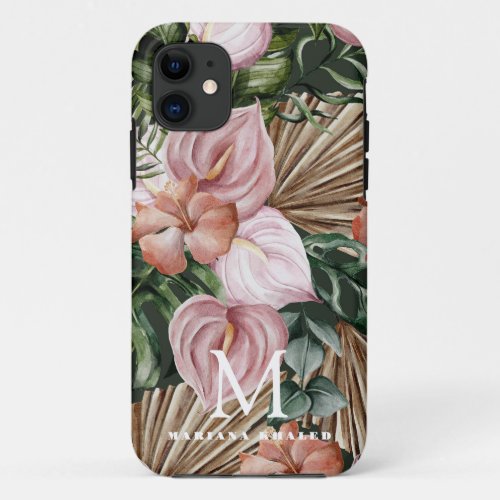 Jungle palm leaves rainforest flowers pink green iPhone 11 case