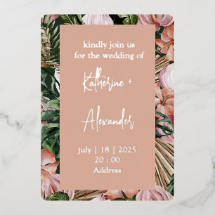 Jungle palm leaves rainforest flowers pink green foil invitation