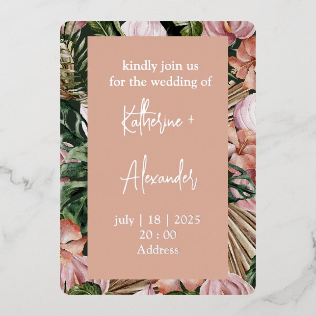 Jungle palm leaves rainforest flowers pink green foil invitation (Front)