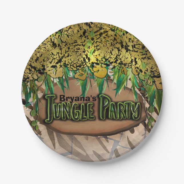 JUNGLE PARTY Gold Glam Animal Print Birthday Paper Plates (Front)