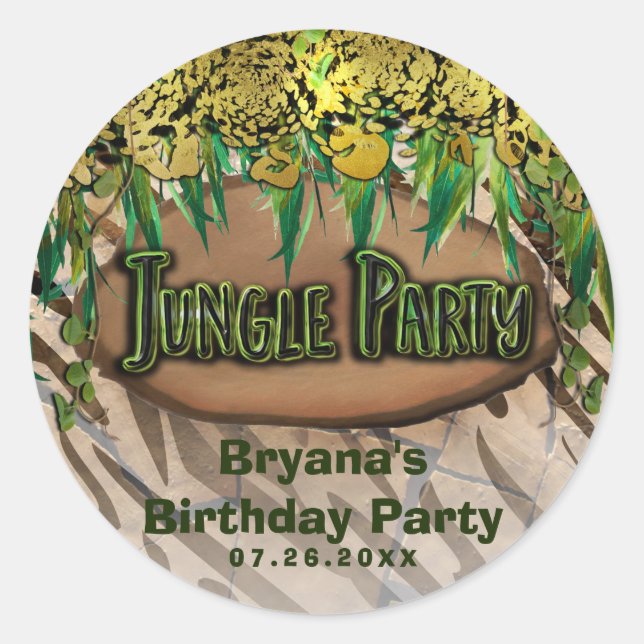JUNGLE PARTY Gold Glam Animal Print Custom Favor Classic Round Sticker (Front)