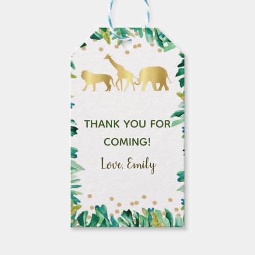 Jungle party hand tag safari gold green glitter