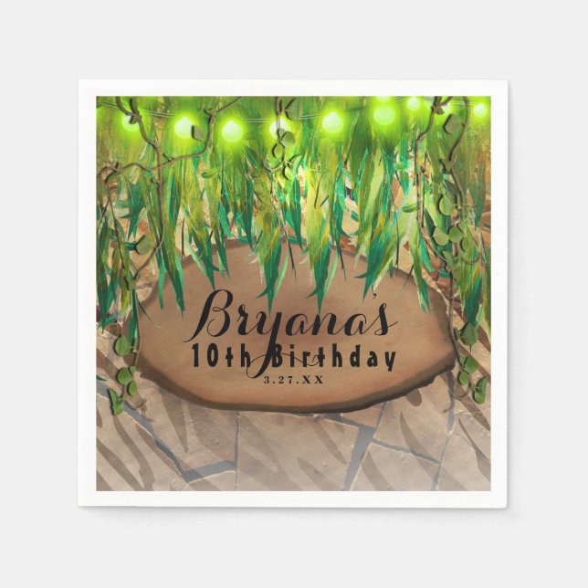 JUNGLE PARTY Leaves & Animal Print Custom Birthday Paper Napkins (Front)