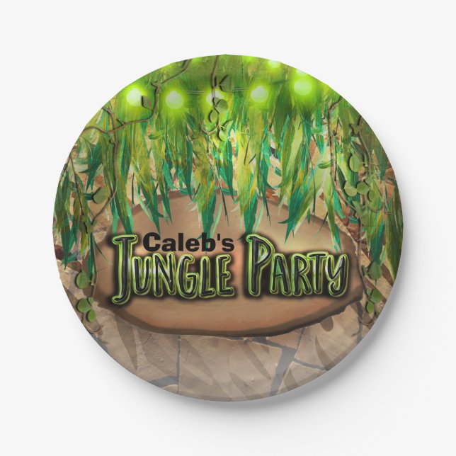 JUNGLE PARTY Leaves & Animal Print Custom Birthday Paper Plates (Front)