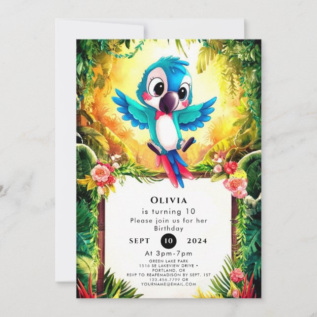 Jungle Pastel Parrot Birthday Invitation (Front)