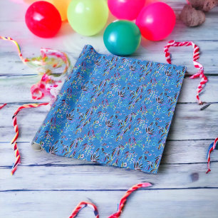 Jungle Pattern Rainbow Textures on Blue Background Wrapping Paper