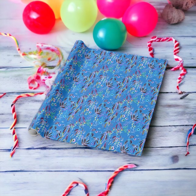 Jungle Pattern Rainbow Textures on Blue Background Wrapping Paper (Creator Uploaded)