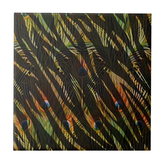 Jungle Pattern Zebra Stripes and Peacock Feathers Ceramic Tile (Front)