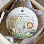 Jungle Photo Baby's First Christmas Ornament<br><div class="desc">Cute baby's first Christmas ornament the sweetest little jungle animals framed with watercolor jungle leaves.</div>