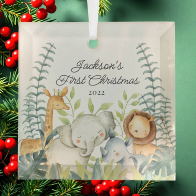 Jungle Photo Boys Baby's First Christmas Glass Ornament (Creator Uploaded)