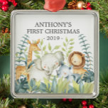 Jungle Photo Boys Baby's First Christmas Ornament<br><div class="desc">Cute baby's first Christmas ornament the sweetest little jungle animals framed with watercolor jungle leaves.</div>