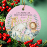 Jungle Photo Girls Baby's First Christmas Ornament<br><div class="desc">Cute baby's first Christmas ornament the sweetest little jungle animals framed with watercolor jungle leaves.</div>