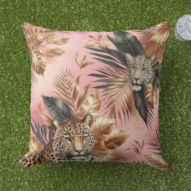 Jungle Pink and Black Leopard  Outdoor Pillow (Grass)