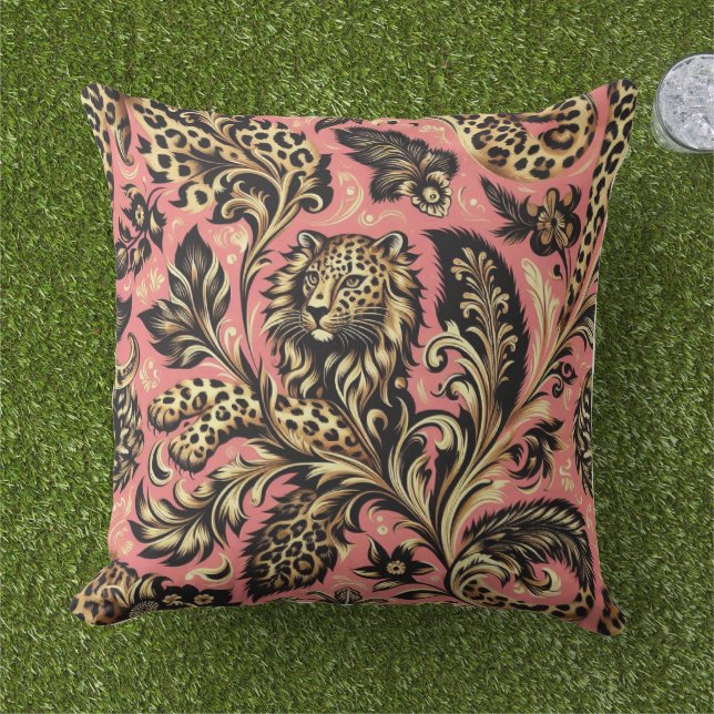 Jungle Pink and Black Leopard  Outdoor Pillow (Grass)