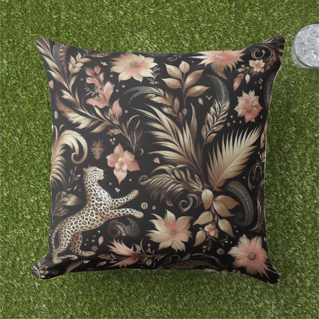 Jungle Pink and Black Leopard  Outdoor Pillow (Grass)