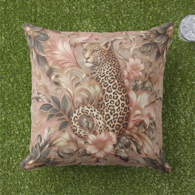 Jungle Pink and Brown Leopard  Outdoor Pillow (Grass)
