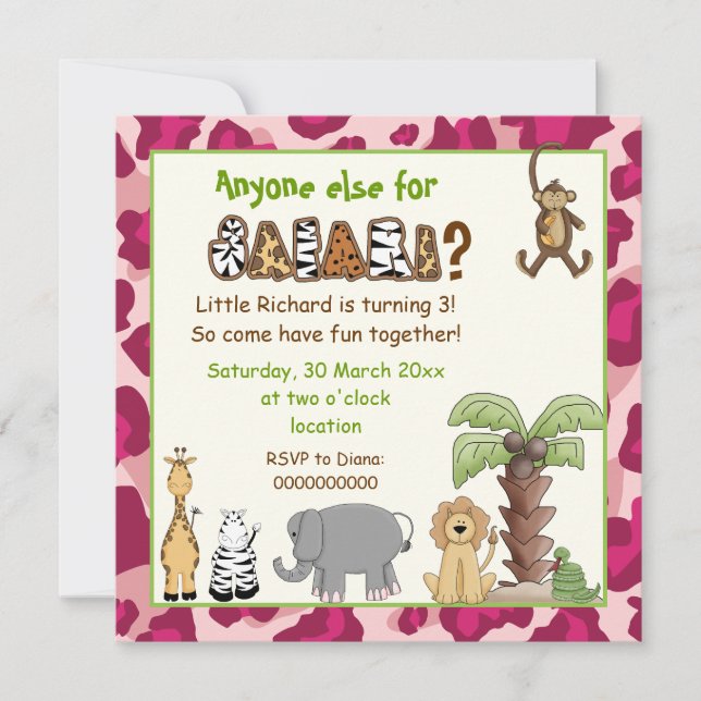 Jungle pink safari kids birthday party invitation (Front)
