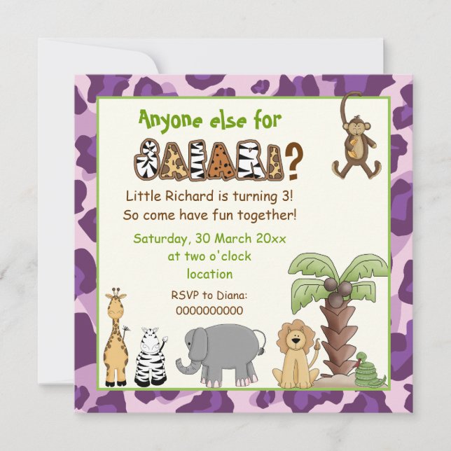 Jungle purple safari kids birthday party invitation (Front)