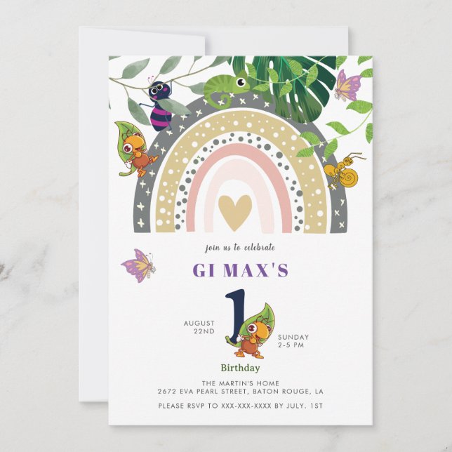 Jungle, Rainbow And Chameleon Baby 1st Birthday Invitation (Front)