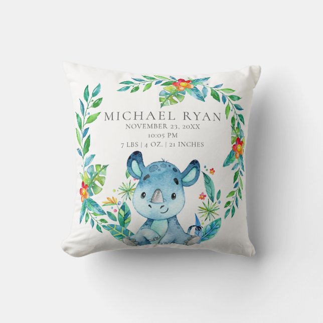 Jungle Rhino Baby Birth Stats Pillow (Front)