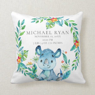 Jungle Rhino Baby Birth Stats Pillow