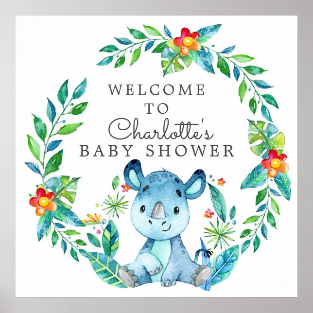 Jungle Rhino Baby Shower Welcome Poster (Front)