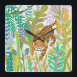 Jungle Roar - Tiger Square Wall Clock<br><div class="desc">Jungle Roar II by Chariklia Zarris. Features a cute roaring tiger amongst jungle greenery. | 140724GG</div>